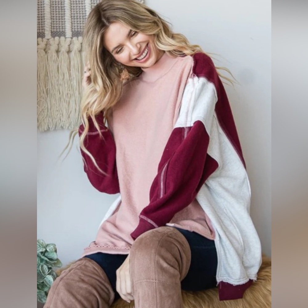 Oli & Hali Pink, Burgundy & Cream Colorblock Pullover